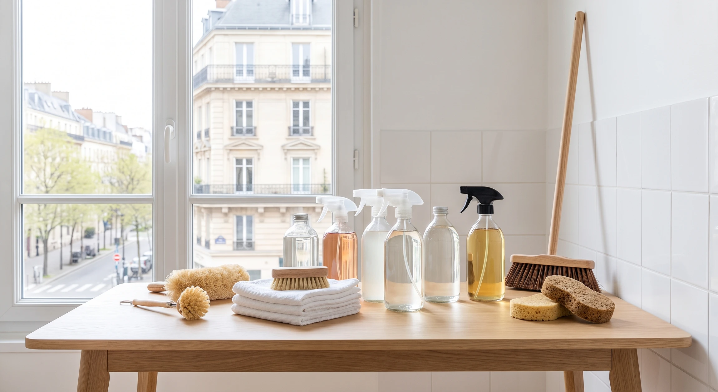 Une photographie professionnelle montrant une sélection de produits d'entretien ménager de qualité disposés de manière soignée : bouteilles de produits de nettoyage pour surfaces, détergents, produits multiusages, chiffons de nettoyage, balais et éponges. Les produits sont présentés sur fond neutre clair ou dans un environnement intérieur épuré, avec un éclairage professionnel mettant en valeur les emballages clairs et lisibles des produits.