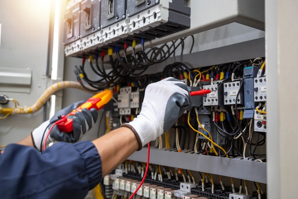 En vérifiant le système électrique, un électricien utilise un compteur électrique pour vérifier le système électrique au niveau d'une armoire de commande