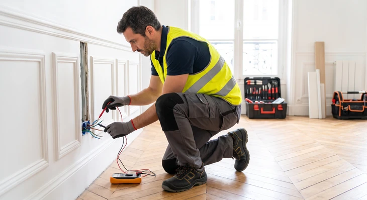 Électricien professionnel effectuant des mesures électriques dans un intérieur résidentiel
