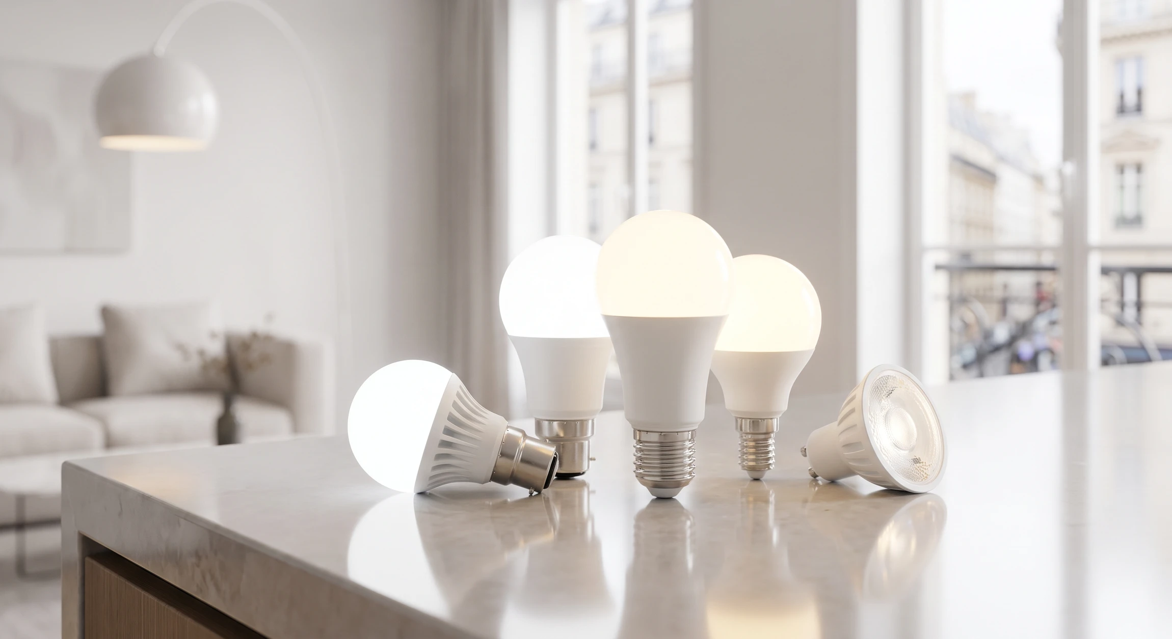 Photographie professionnelle d'ampoules LED modernes de différentes formes et intensités (ampoules à baïonnette, à vis, spots LED), allumées et disposées sur une surface réfléchissante, émettant une lumière blanche ou blanc chaud nette et économe. Les ampoules doivent être clairement visibles et mises en avant, avec un arrière-plan légèrement flou mais contextualisé dans un cadre intérieur moderne (cuisine ou salon). La scène doit transmettre modernité, efficacité énergétique et professionnalisme.