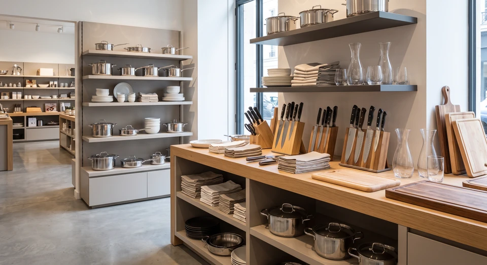 Photographie professionnelle d'un comptoir ou d'une section de magasin présentant un assortiment varié d'équipements de cuisine : casseroles en acier inoxydable, couteaux de chef de qualité, carafes et verres, planches à découper, ustensiles de cuisine. Les articles sont disposés de manière attrayante et organisée, mettant en évidence la diversité et la qualité des produits disponibles pour équiper une cuisine ou une table. Éclairage naturel ou professionnel mettant en valeur les produits. Vue d'ensemble montrant la richesse du rayon.