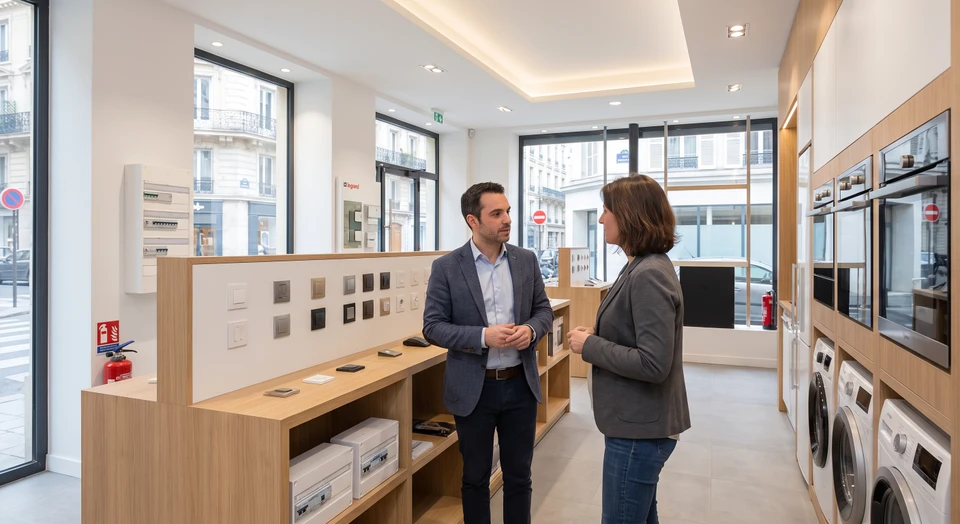 Buanderie moderne avec machine à laver blanche au centre, étagères blanches organisées avec serviettes pliées, paniers de linge, produits de lessive