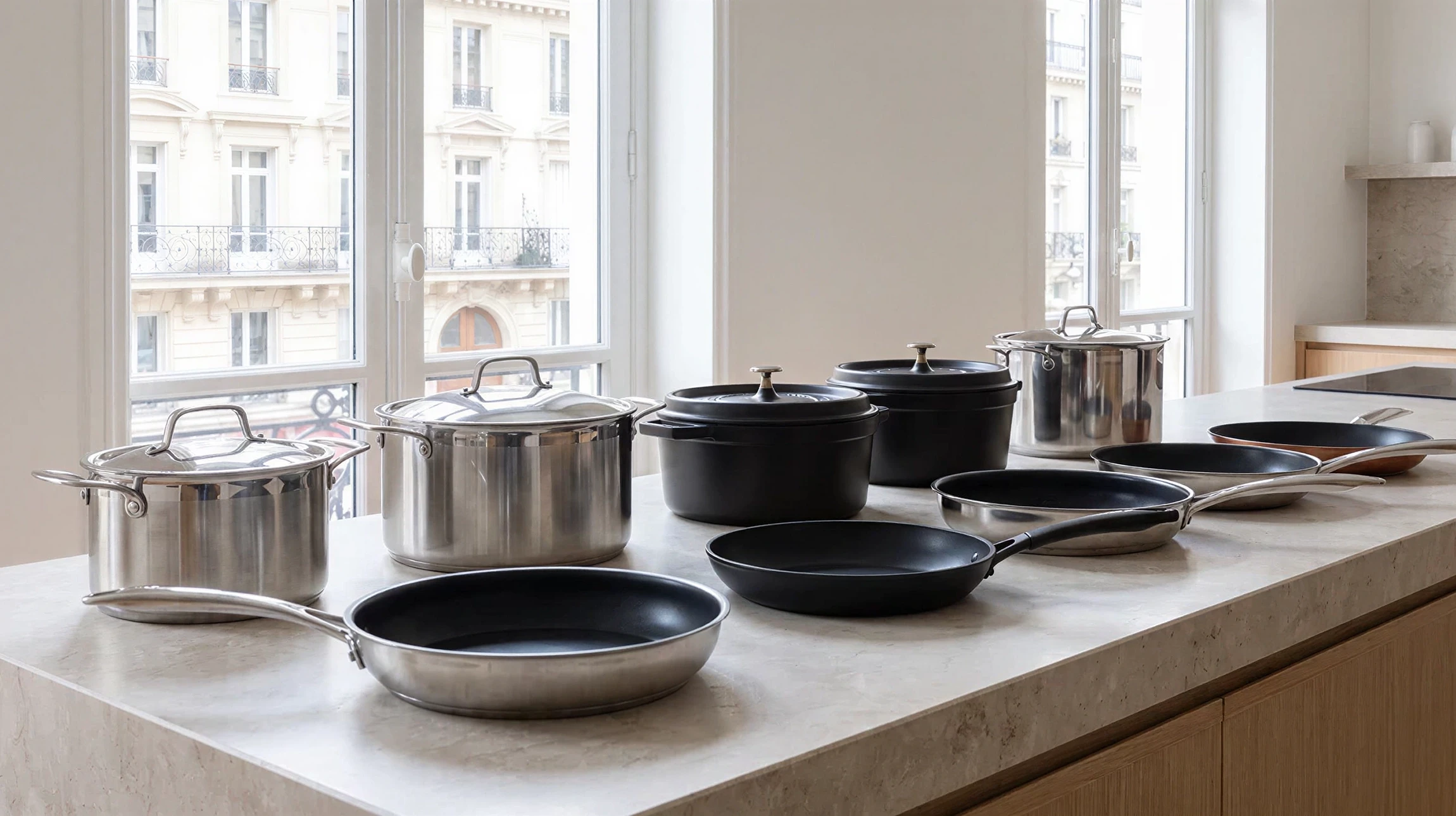 Photographie professionnelle montrant une cuisine moderne équipée d'électroménagers de qualité : cuisinière encastrée, réfrigérateur intégré, four, avec un plan de travail en bois clair ou marbre. La cuisine doit être lumineuse, bien éclairée par des luminaires discrets, reflétant modernité et fonctionnalité. Aucune personne visible. L'accent doit être mis sur les appareils électriques de cuisson et conservation, symboles de l'expertise d'Électricité Sandrin en équipement culinaire.