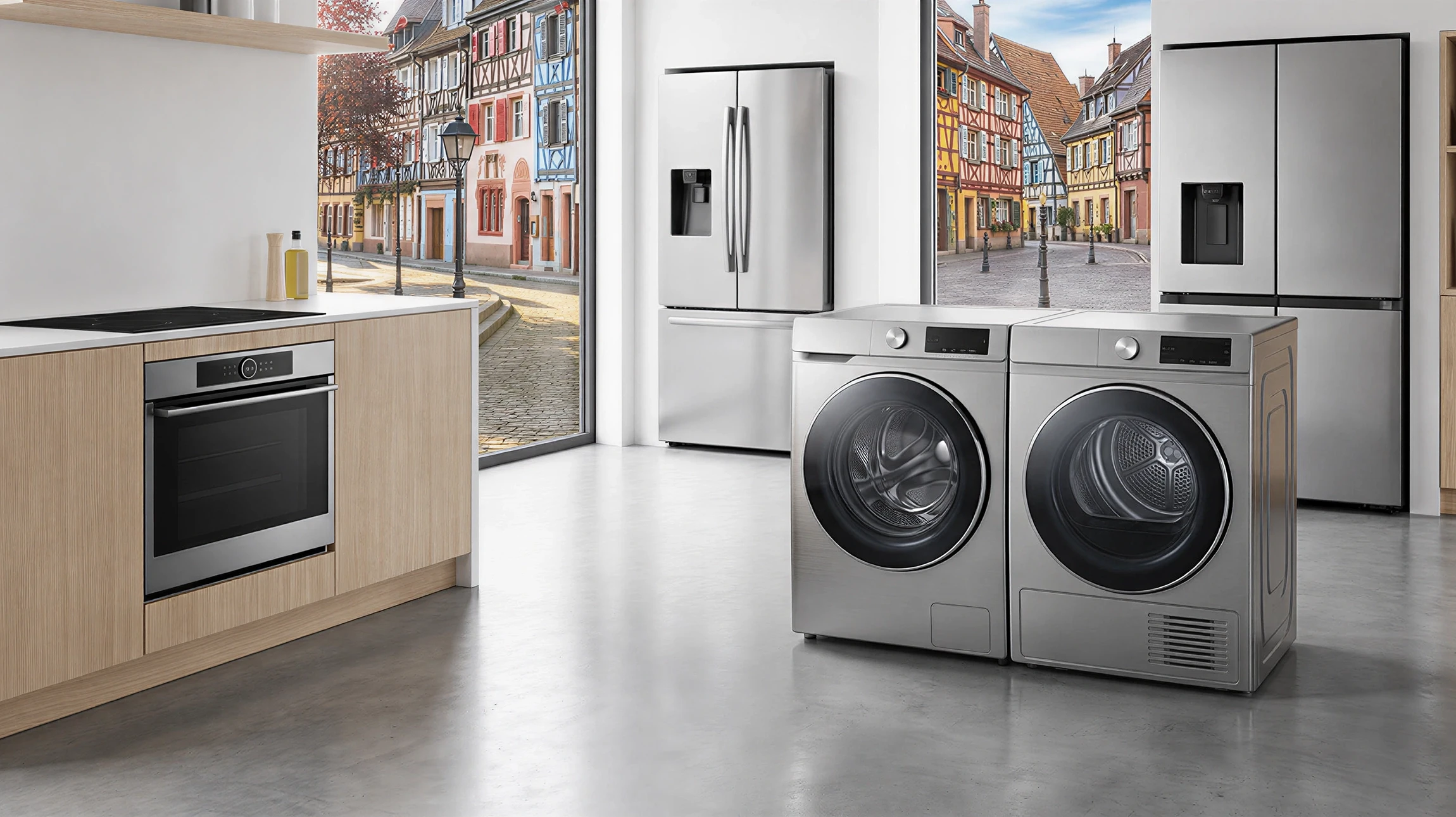 Intérieur moderne avec lave-linge blanc à hublot noir sur sol en parquet