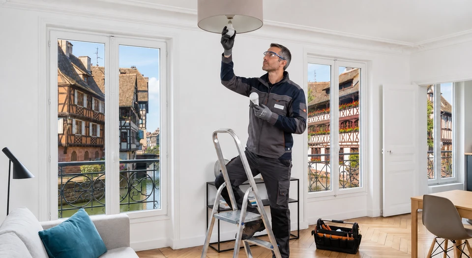 Électricien professionnel en tenue de travail (gilet réfléchissant ou chemise professionnelle) présentant des ampoules LED et des luminaires à un client dans un showroom ou magasin d'électricité, avec des étagères d'ampoules et d'accessoires d'éclairage en arrière-plan. L'électricien pointe ou montre un produit au client avec un geste professionnel et courtois, illustrant le conseil personnalisé et l'écoute du client.